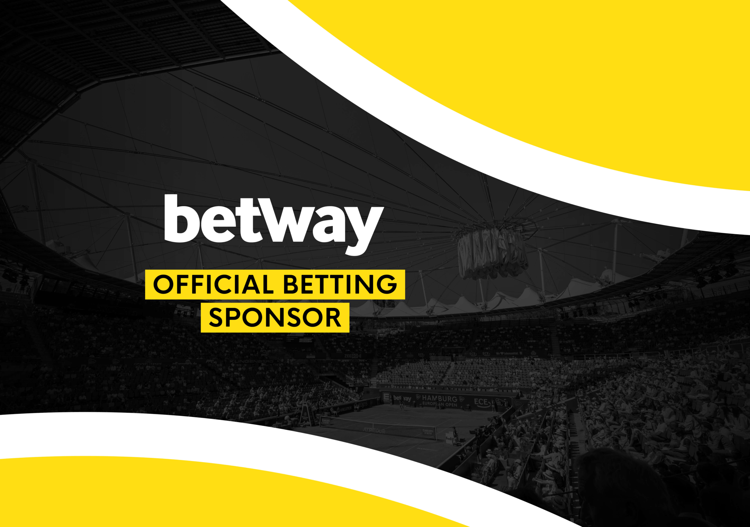  A black and yellow background with the Betway logo and 'Official Betting Sponsor' text overlaid on top of a photo of a tennis stadium.